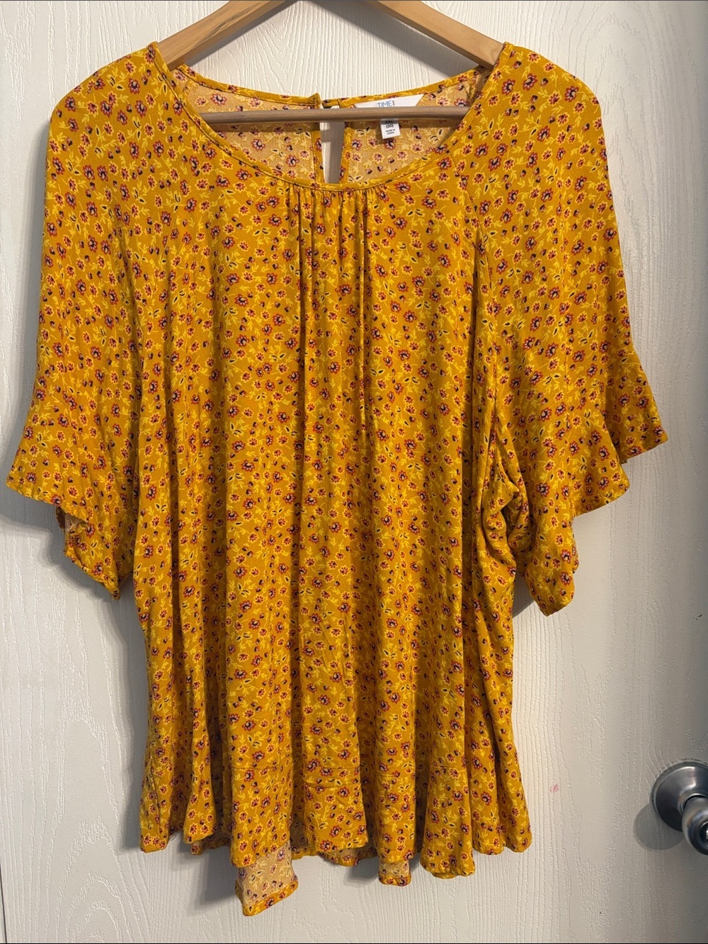 Time and Tru Yellow Floral Ruffle Sleeve Top